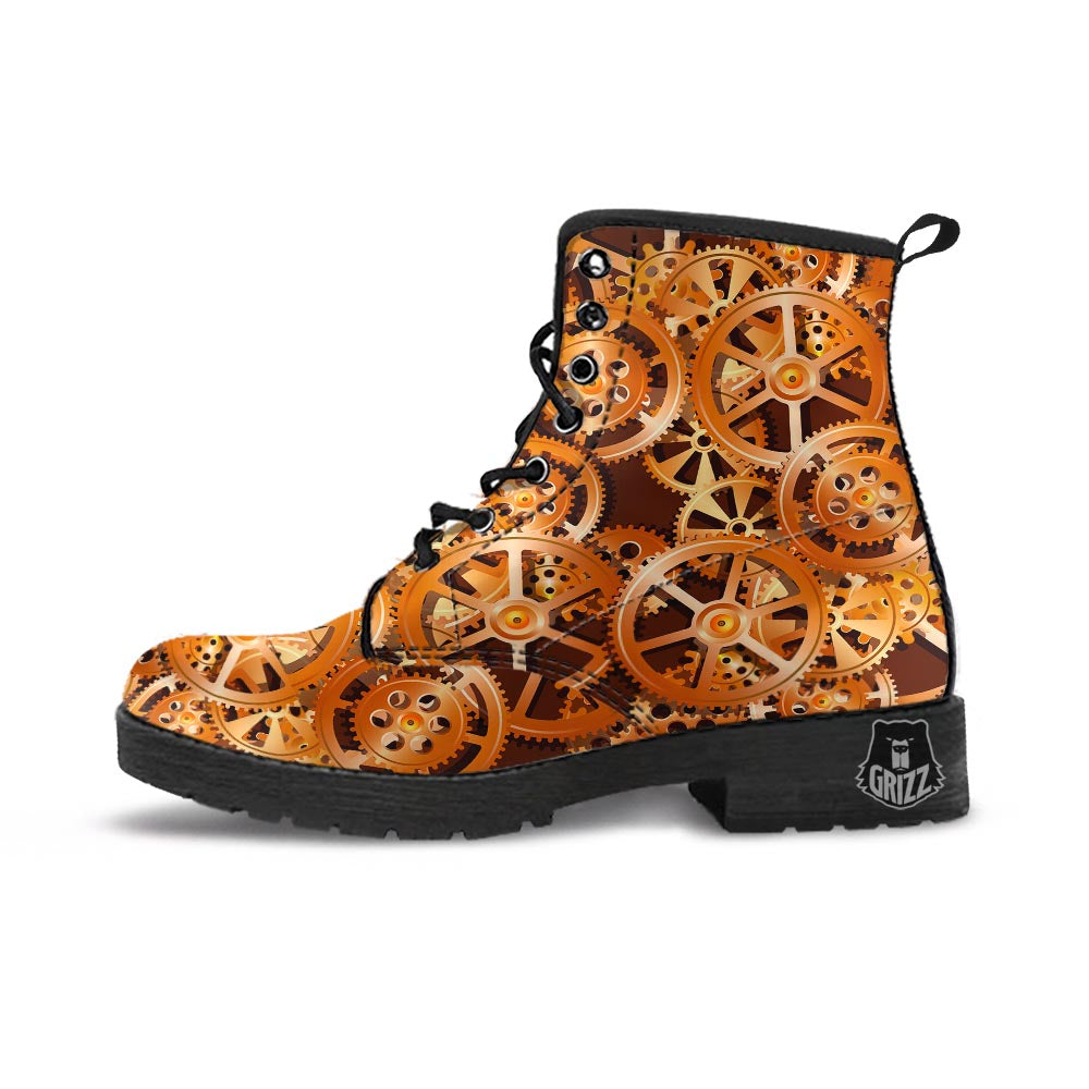 Gears And Steampunk Cogs Print Leather Boots-grizzshop