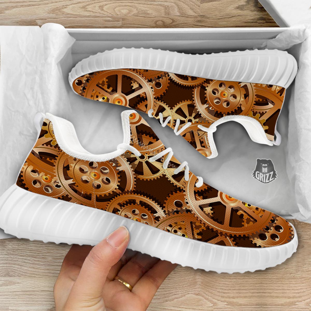 Gears And Steampunk Cogs Print White Walking Shoes-grizzshop