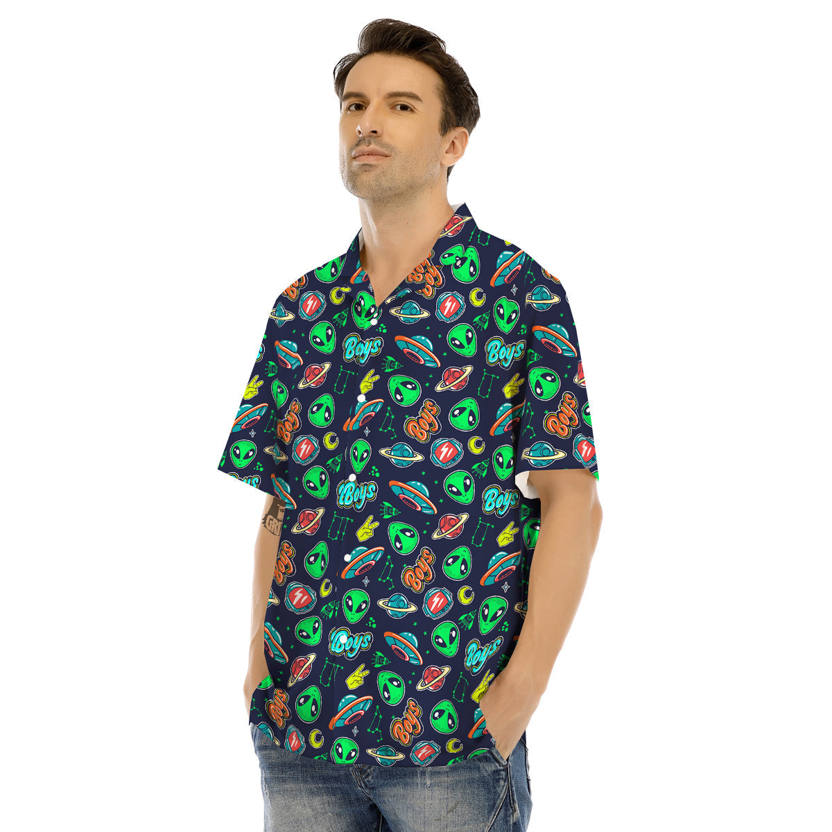 Geen Alien Ufo In Space Print Pattern Men's Hawaiian Shirt-grizzshop