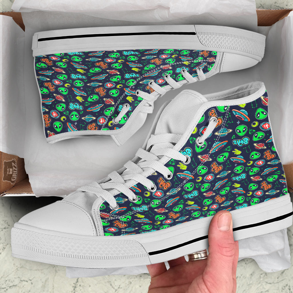 Geen Alien Ufo In Space Print Pattern White High Top Shoes-grizzshop