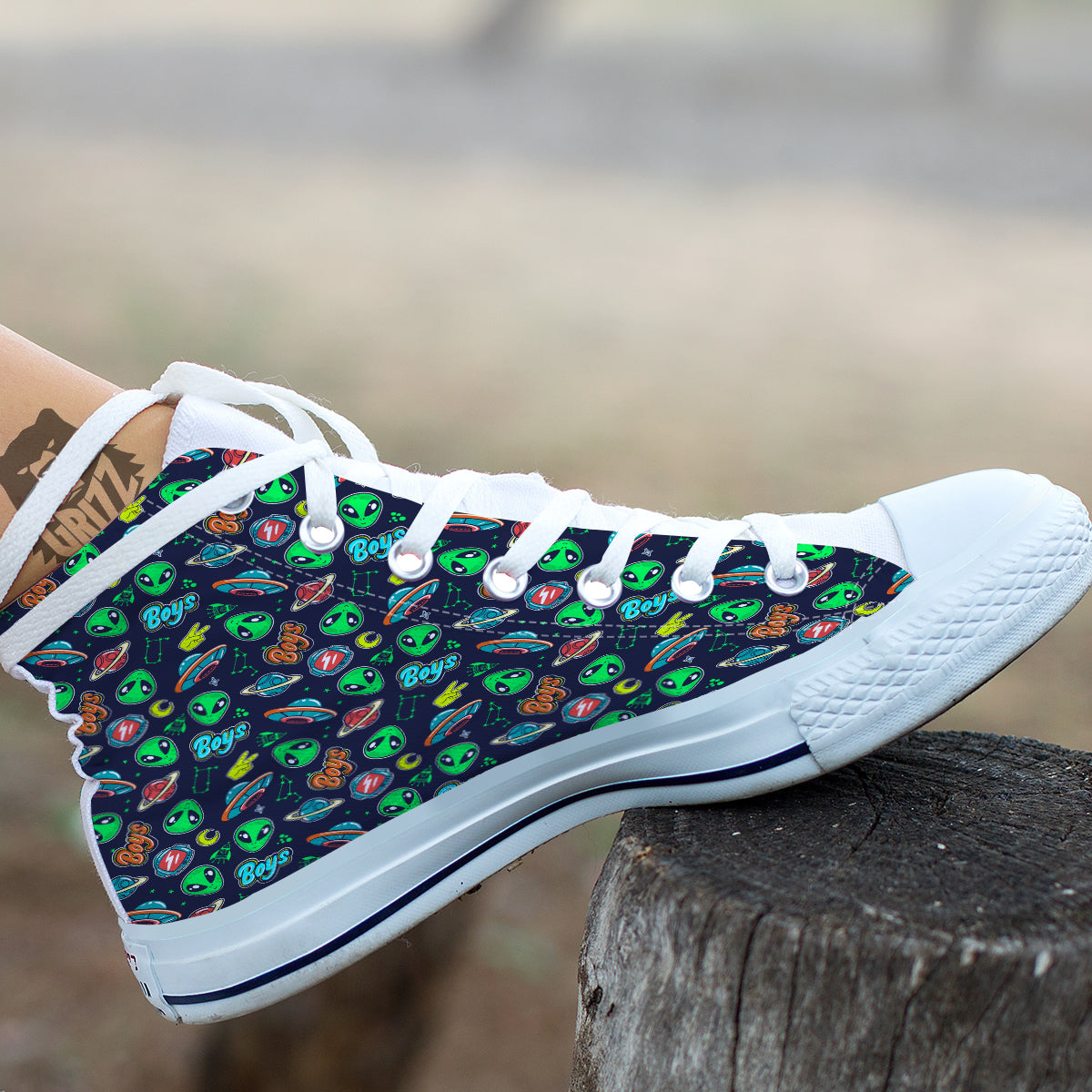 Geen Alien Ufo In Space Print Pattern White High Top Shoes-grizzshop