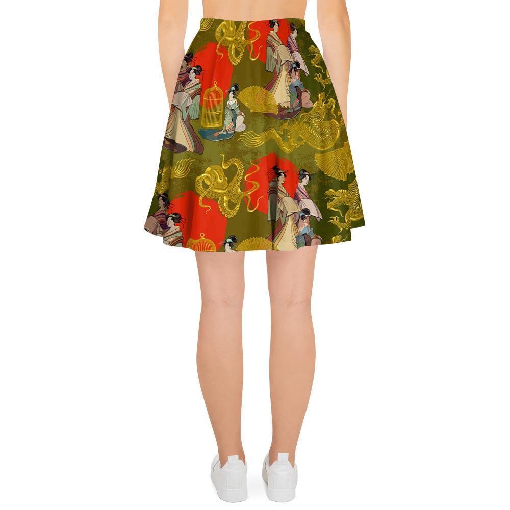 Geisha Japanese Dragon Print Women's Skirt-grizzshop