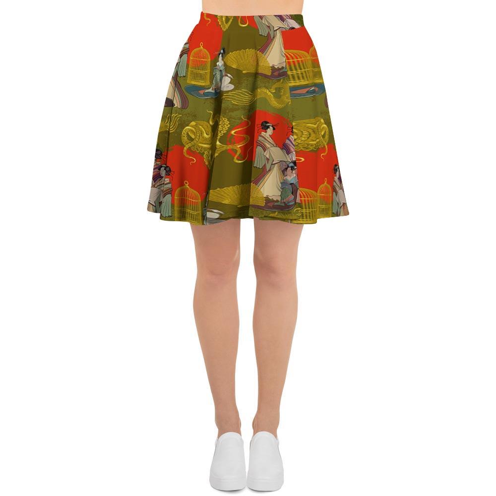 Geisha Japanese Dragon Print Women's Skirt-grizzshop