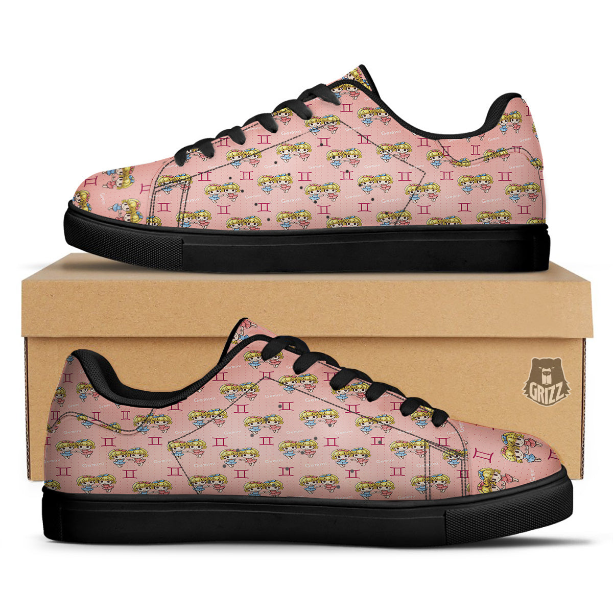 Gemini Cute Cartoon Print Pattern Black Low Top Sneakers-grizzshop
