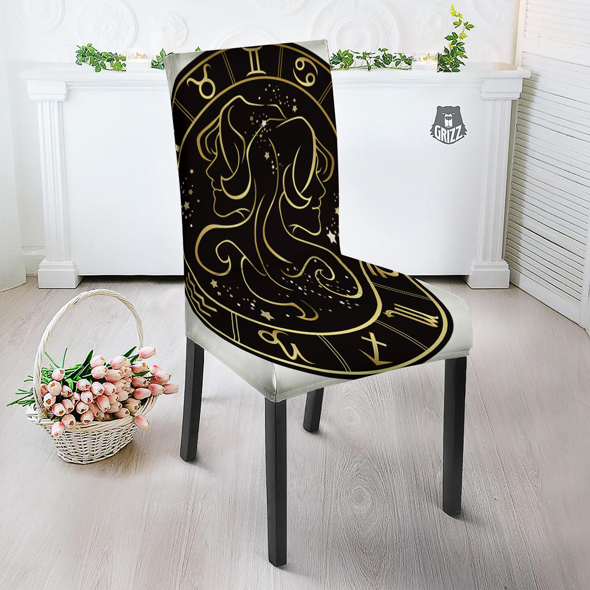 Gemini Sign Black And Gold Print Dining Chair Slipcover-grizzshop