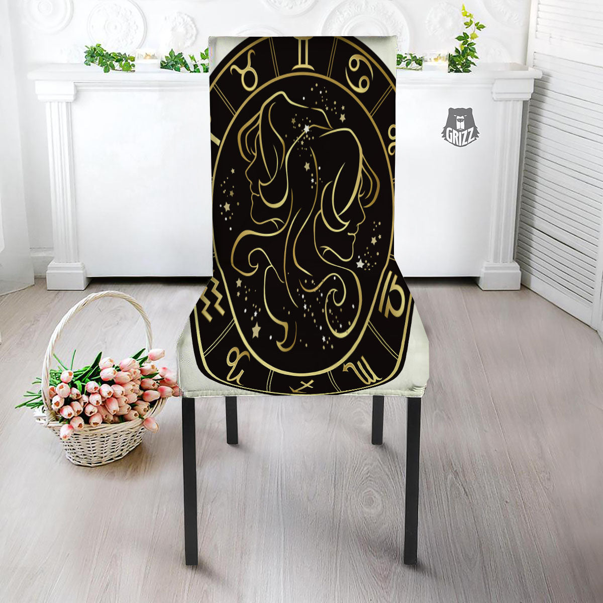 Gemini Sign Black And Gold Print Dining Chair Slipcover-grizzshop