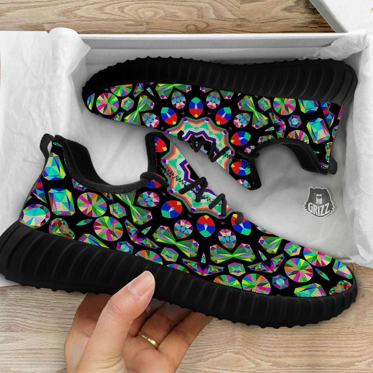 Gems Kaleidoscope Colorful Print Black Walking Shoes-grizzshop