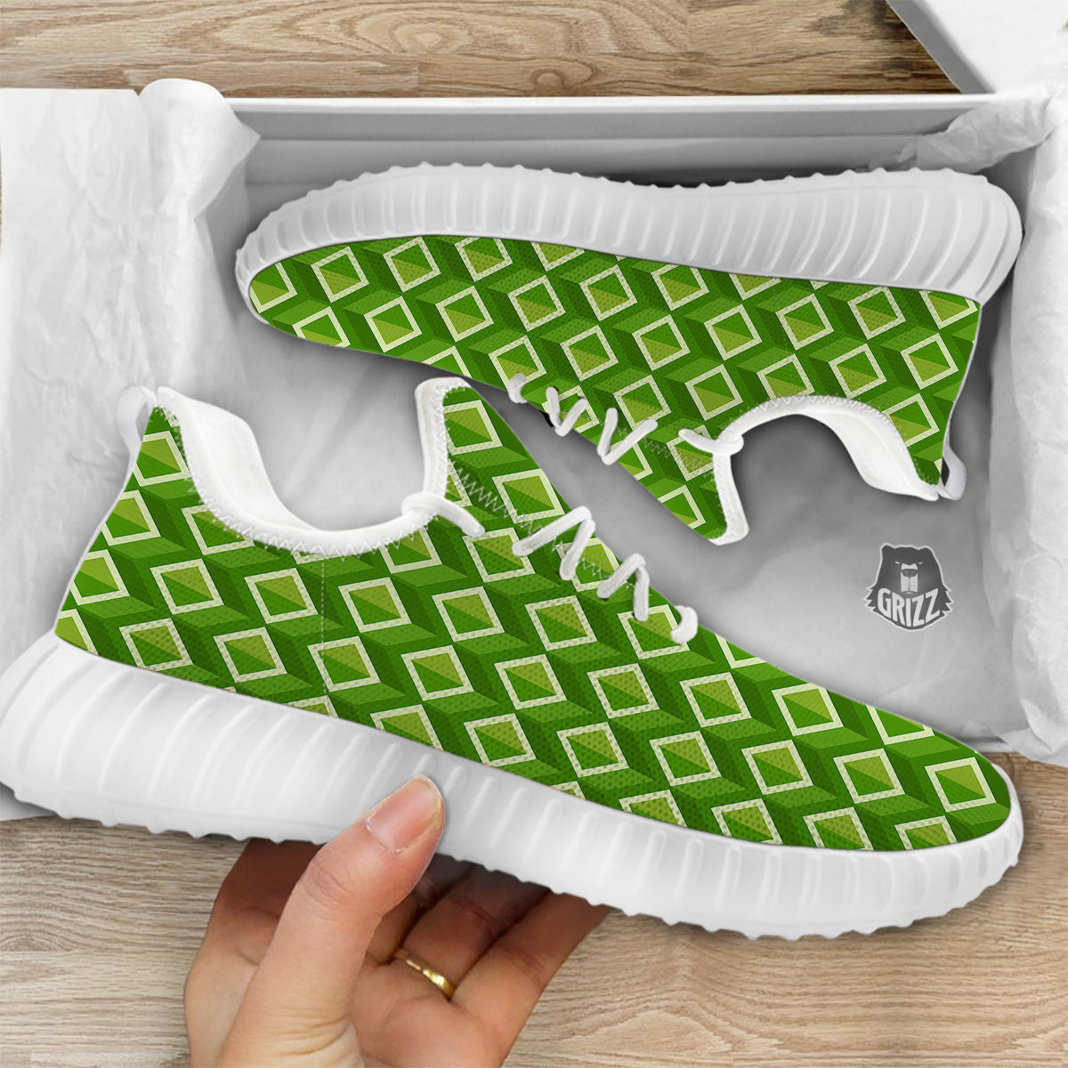 Geometric 3D Bamboo Print Pattern White Walking Shoes-grizzshop
