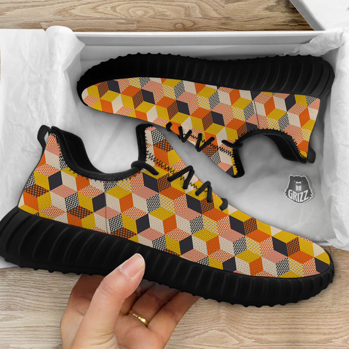 Geometric 60s Print Pattern Black Walking Shoes-grizzshop