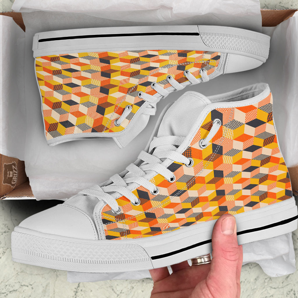 Geometric 60s Print Pattern White High Top Shoes-grizzshop