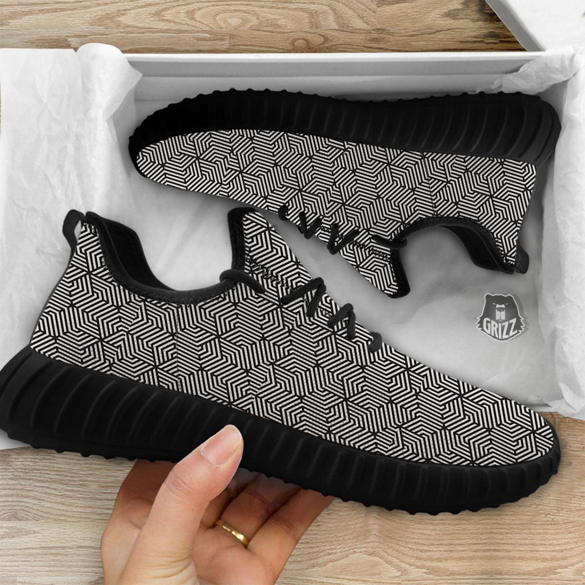 Geometric Abstract Polygonal Print Black Walking Shoes-grizzshop