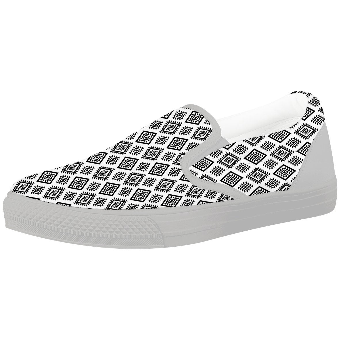 Geometric African White And Black Print White Slip On Shoes-grizzshop