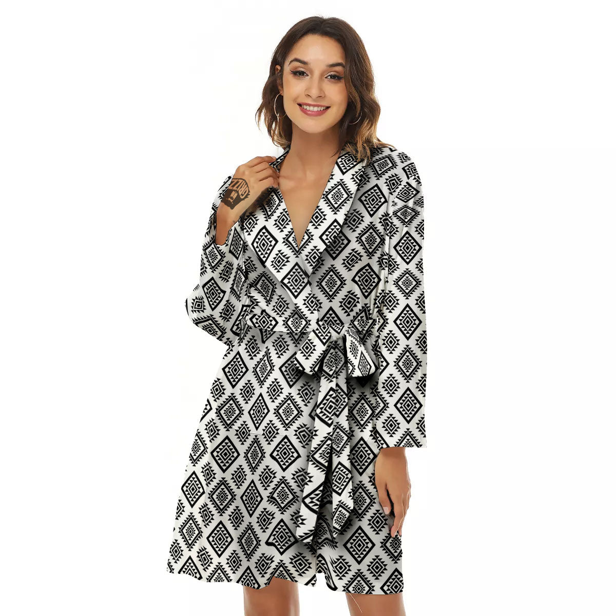 Geometric African White And Black Print Women's Robe-grizzshop