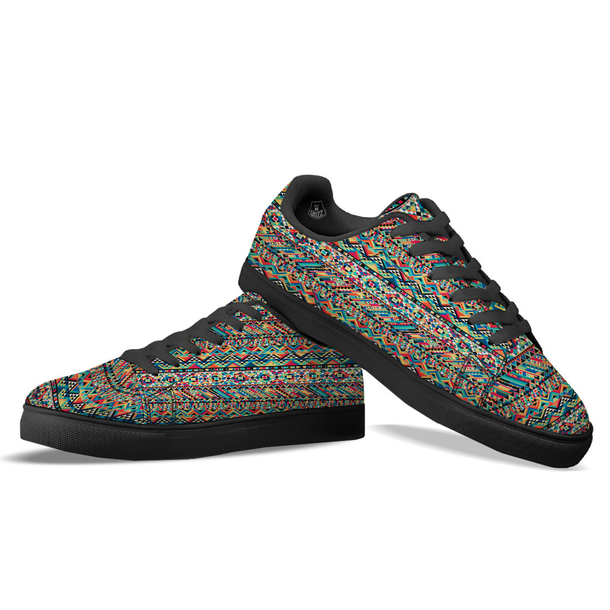 Geometric Aztec Colorful Print Pattern Black Low Top Sneakers-grizzshop