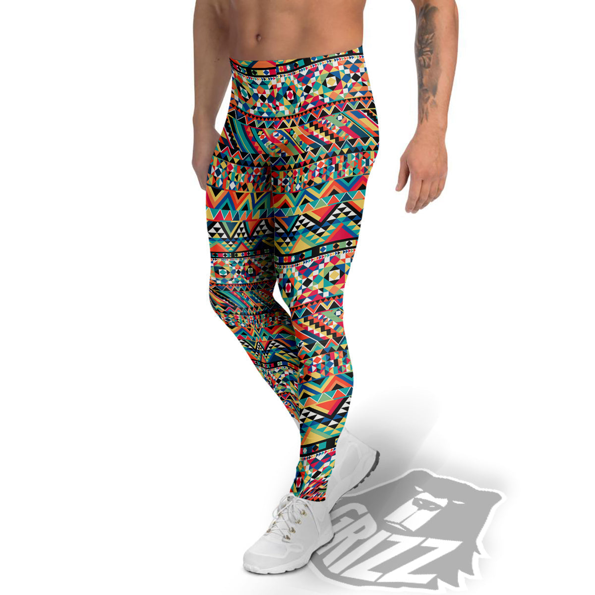 Geometric Aztec Colorful Print Pattern Men's Leggings-grizzshop