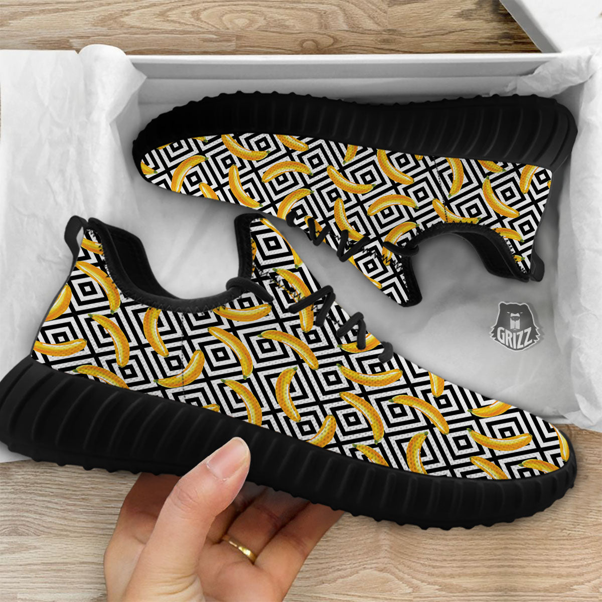 Geometric Banana White And Black Print Black Walking Shoes-grizzshop