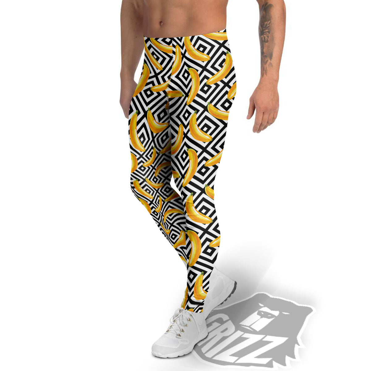 Geometric Banana White And Black Print Men's Leggings-grizzshop