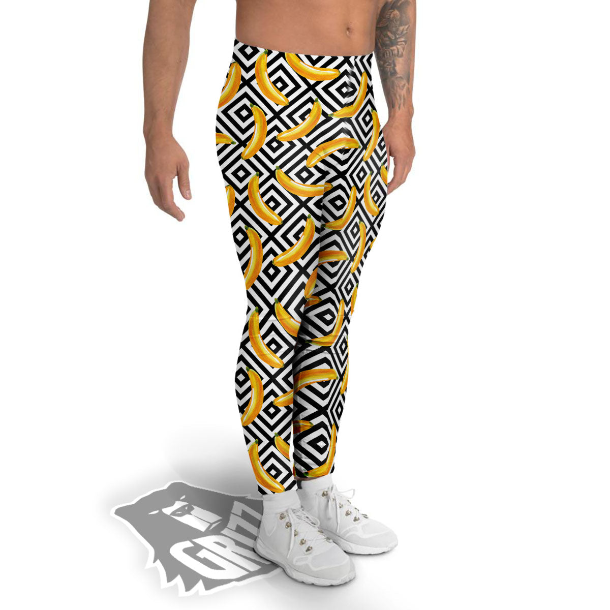 Geometric Banana White And Black Print Men's Leggings-grizzshop