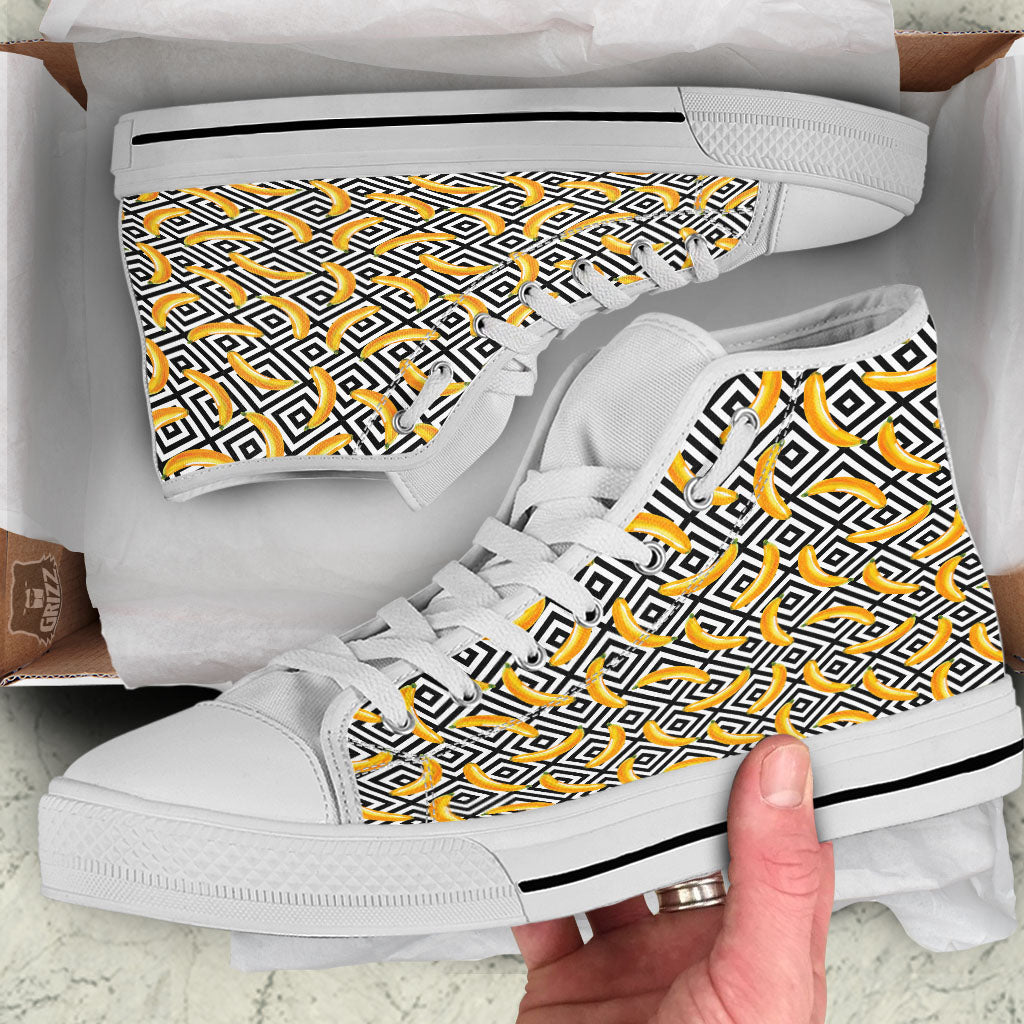 Geometric Banana White And Black Print White High Top Shoes-grizzshop