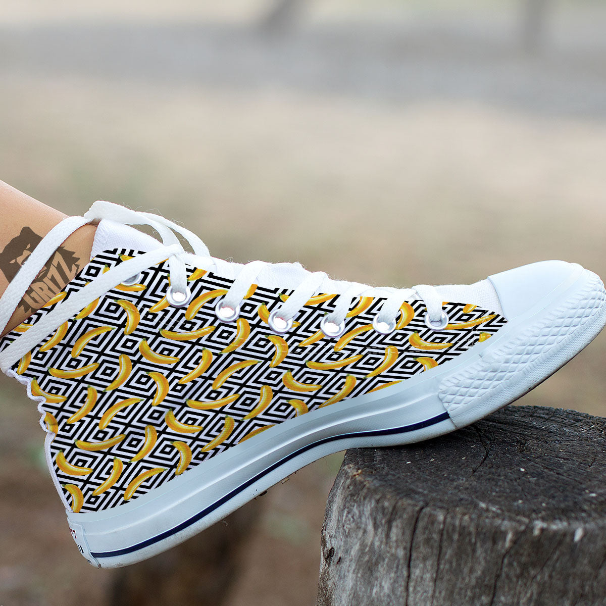 Geometric Banana White And Black Print White High Top Shoes-grizzshop
