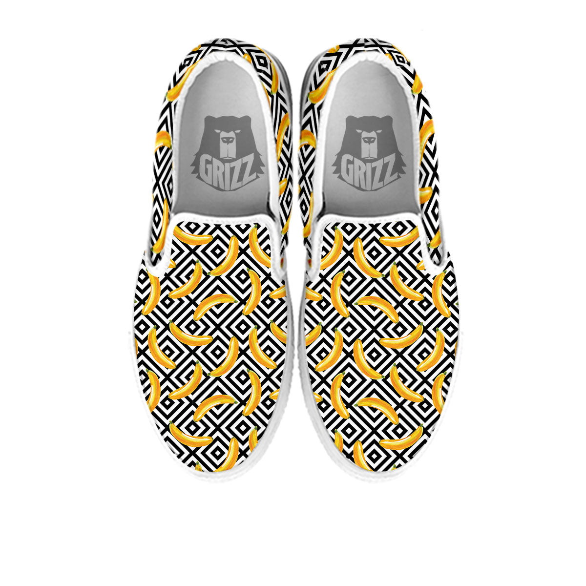 Geometric Banana White And Black Print White Slip On Shoes-grizzshop