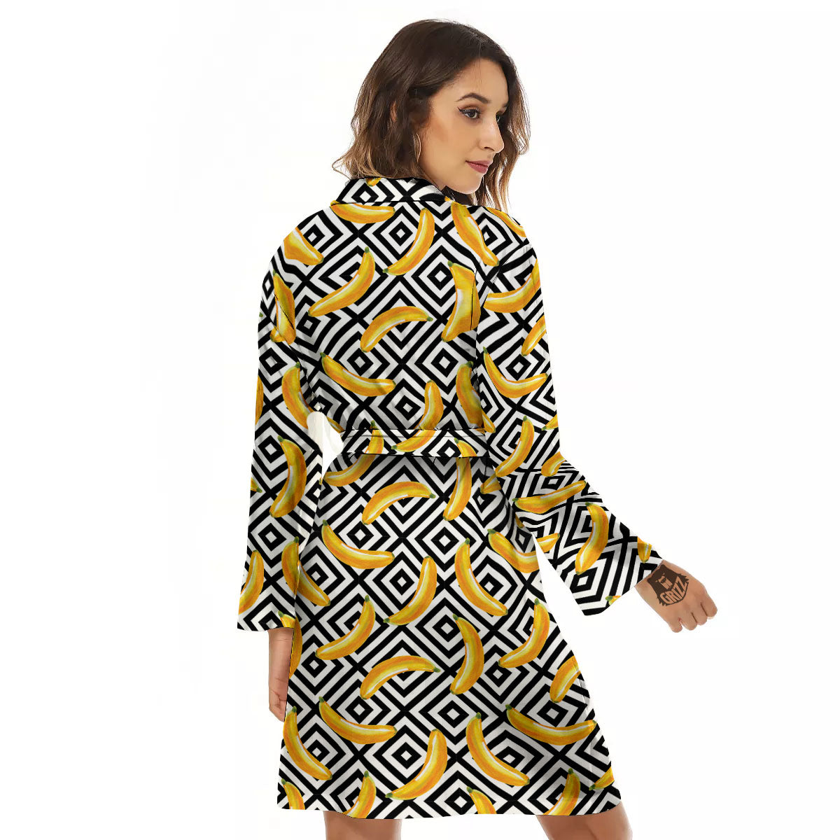 Geometric Banana White And Black Print Women's Robe-grizzshop