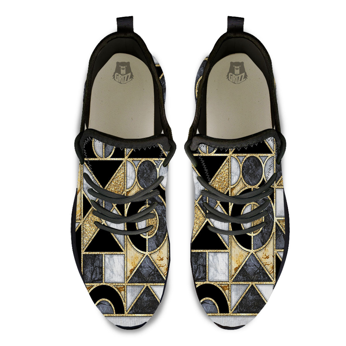 Geometric Black Gold Marble Print Black Athletic Shoes-grizzshop
