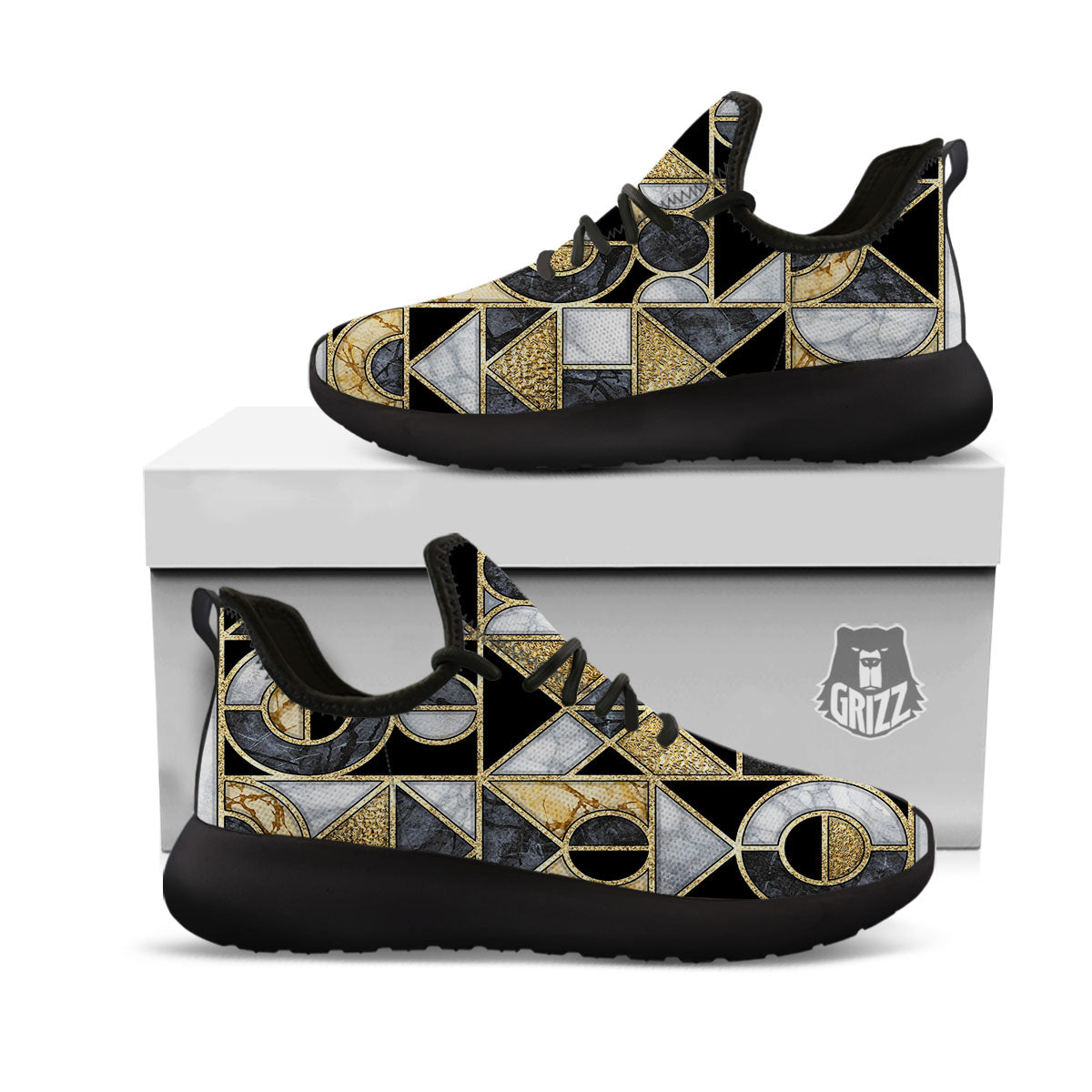 Geometric Black Gold Marble Print Black Athletic Shoes-grizzshop