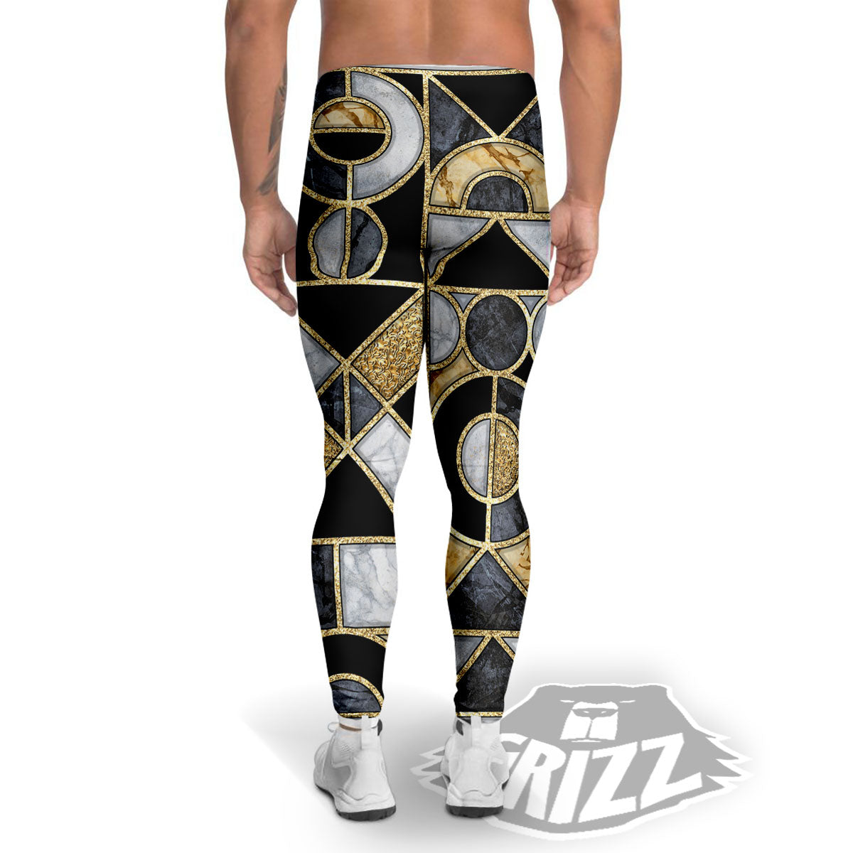 Geometric Black Gold Marble Print Men's Leggings-grizzshop