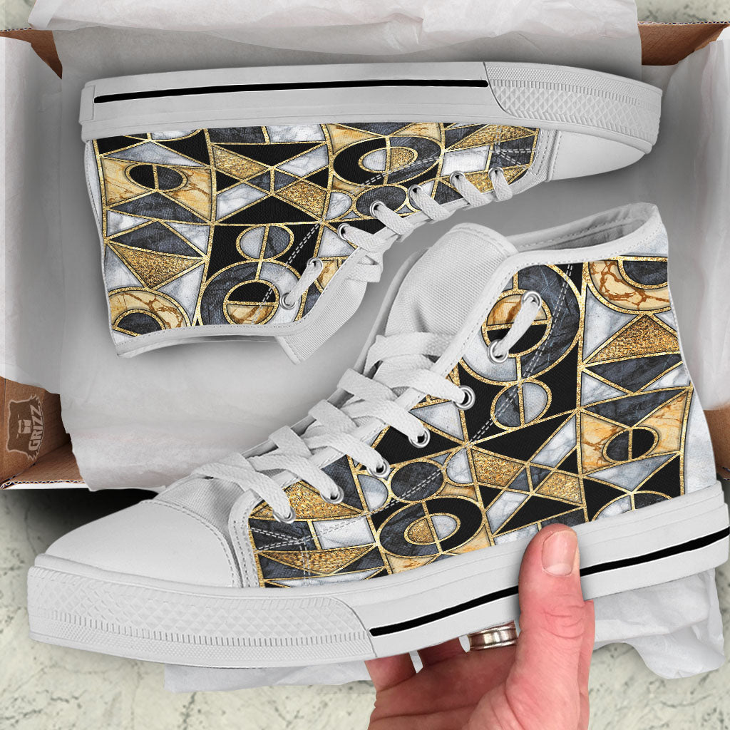 Geometric Black Gold Marble Print White High Top Shoes-grizzshop