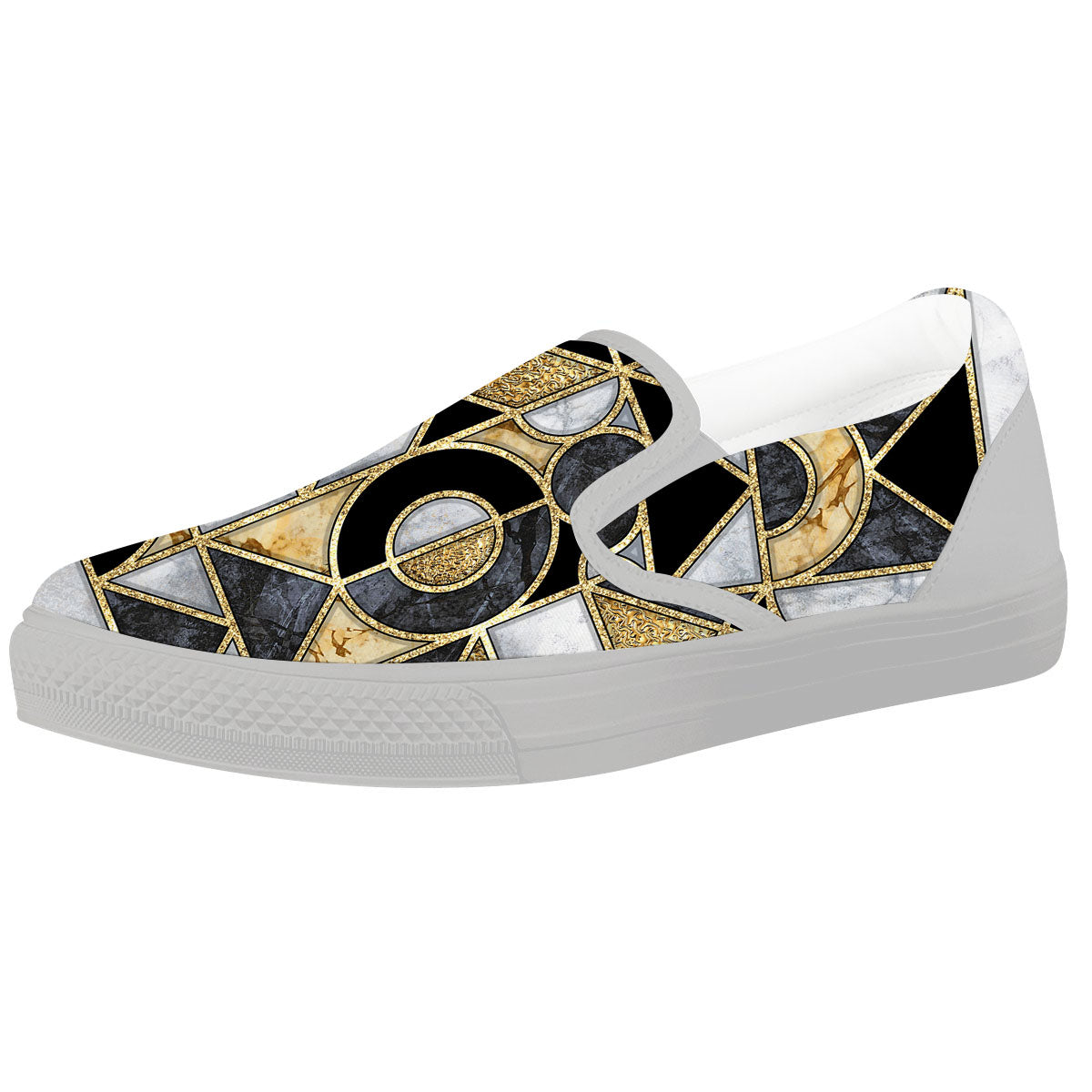 Geometric Black Gold Marble Print White Slip On Shoes-grizzshop