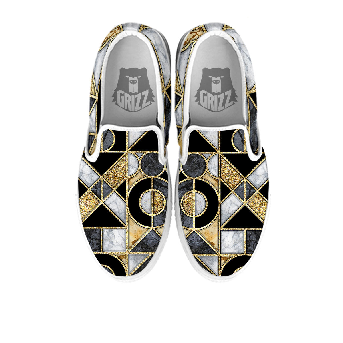 Geometric Black Gold Marble Print White Slip On Shoes-grizzshop