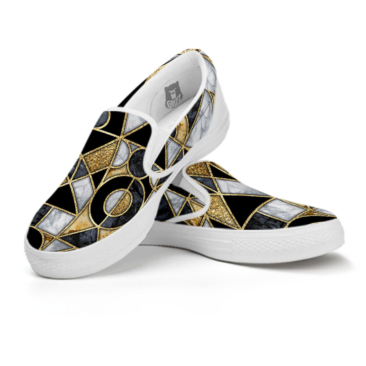 Geometric Black Gold Marble Print White Slip On Shoes-grizzshop