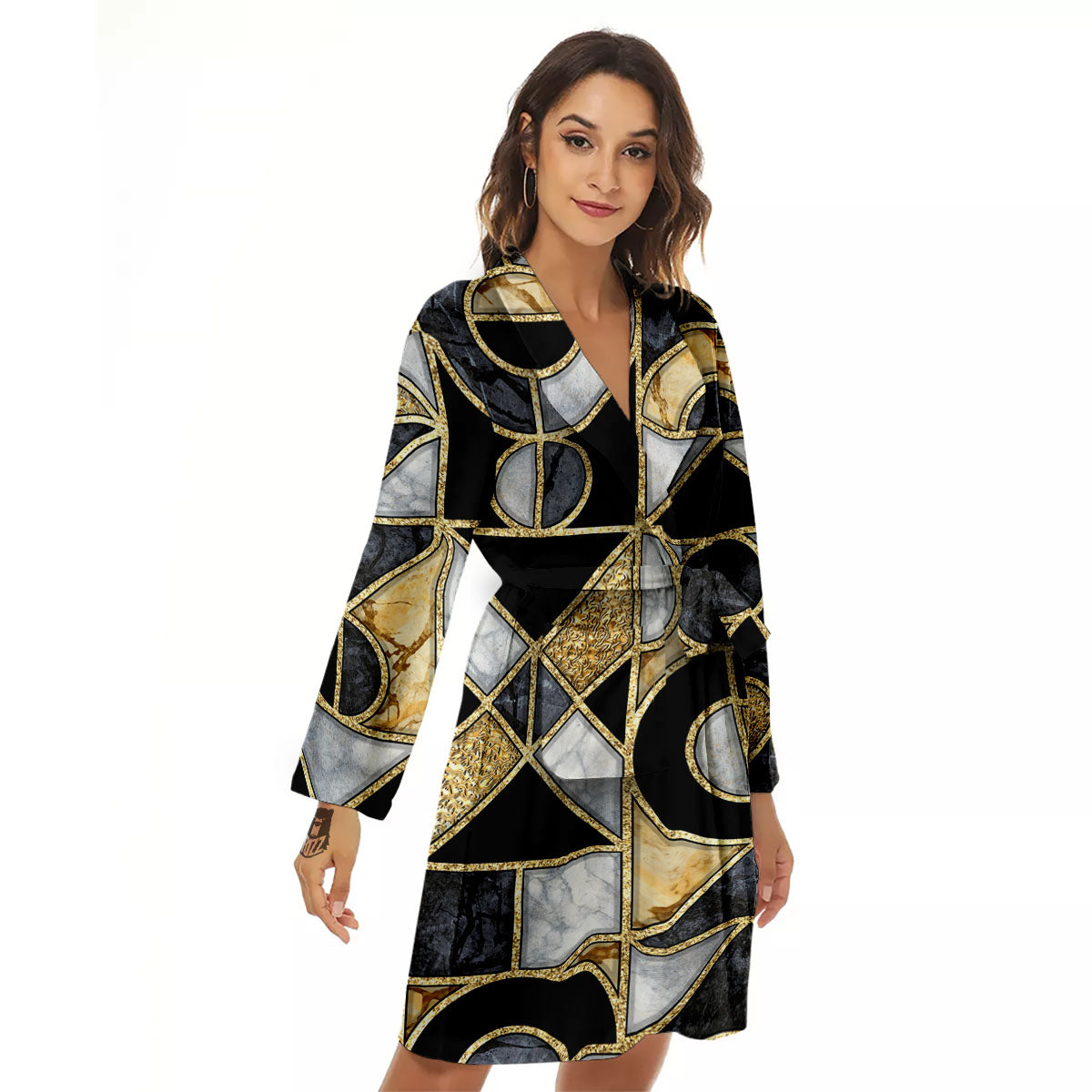 Geometric Black Gold Marble Print Women's Robe-grizzshop