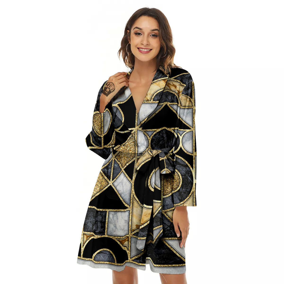 Geometric Black Gold Marble Print Women's Robe-grizzshop