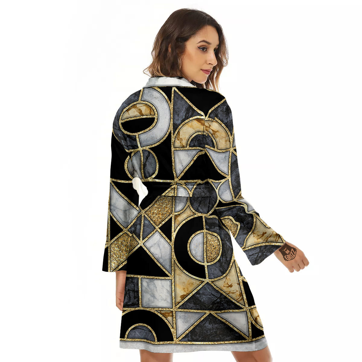 Geometric Black Gold Marble Print Women's Robe-grizzshop