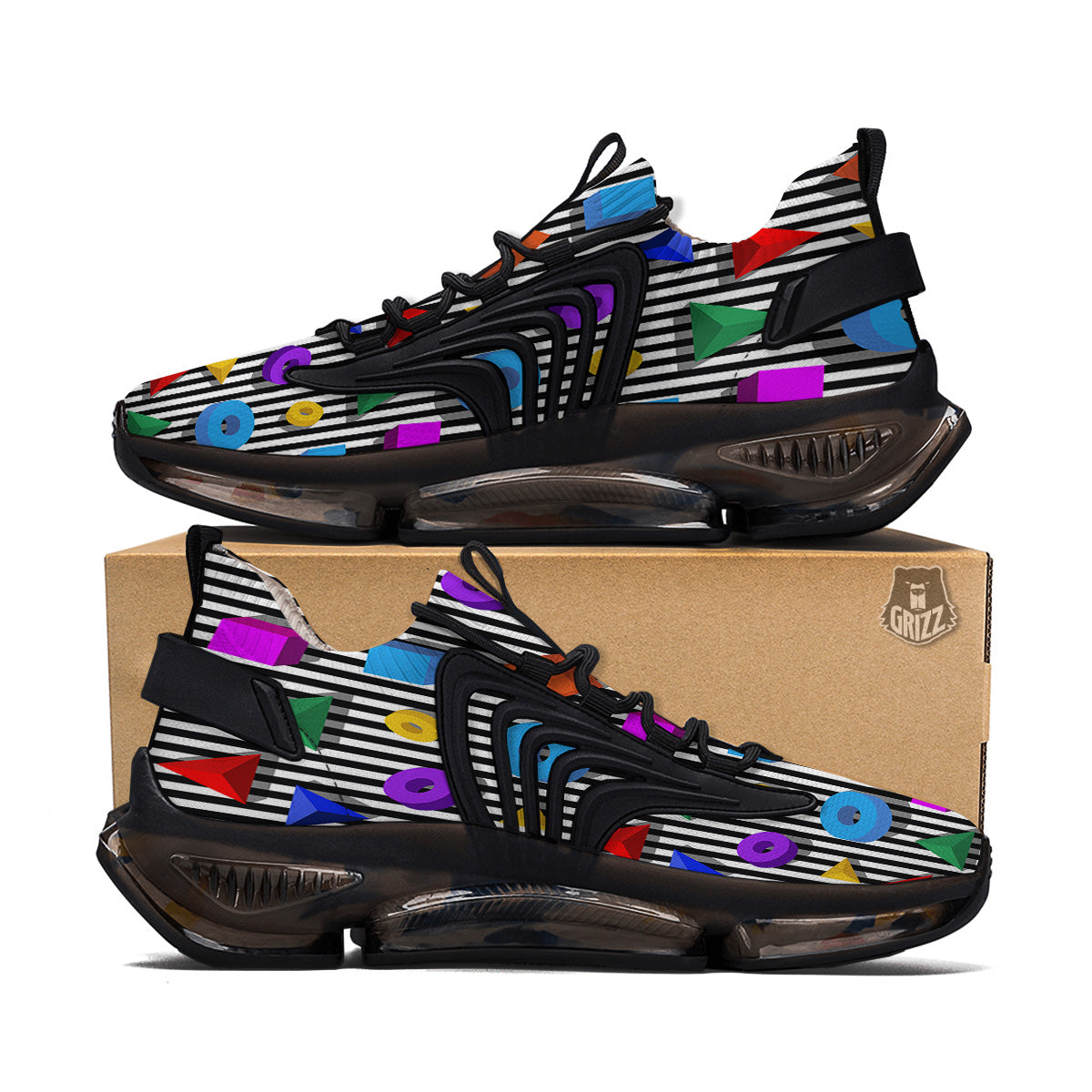 Geometric Colorful Striped Print Pattern Black Gym Shoes-grizzshop