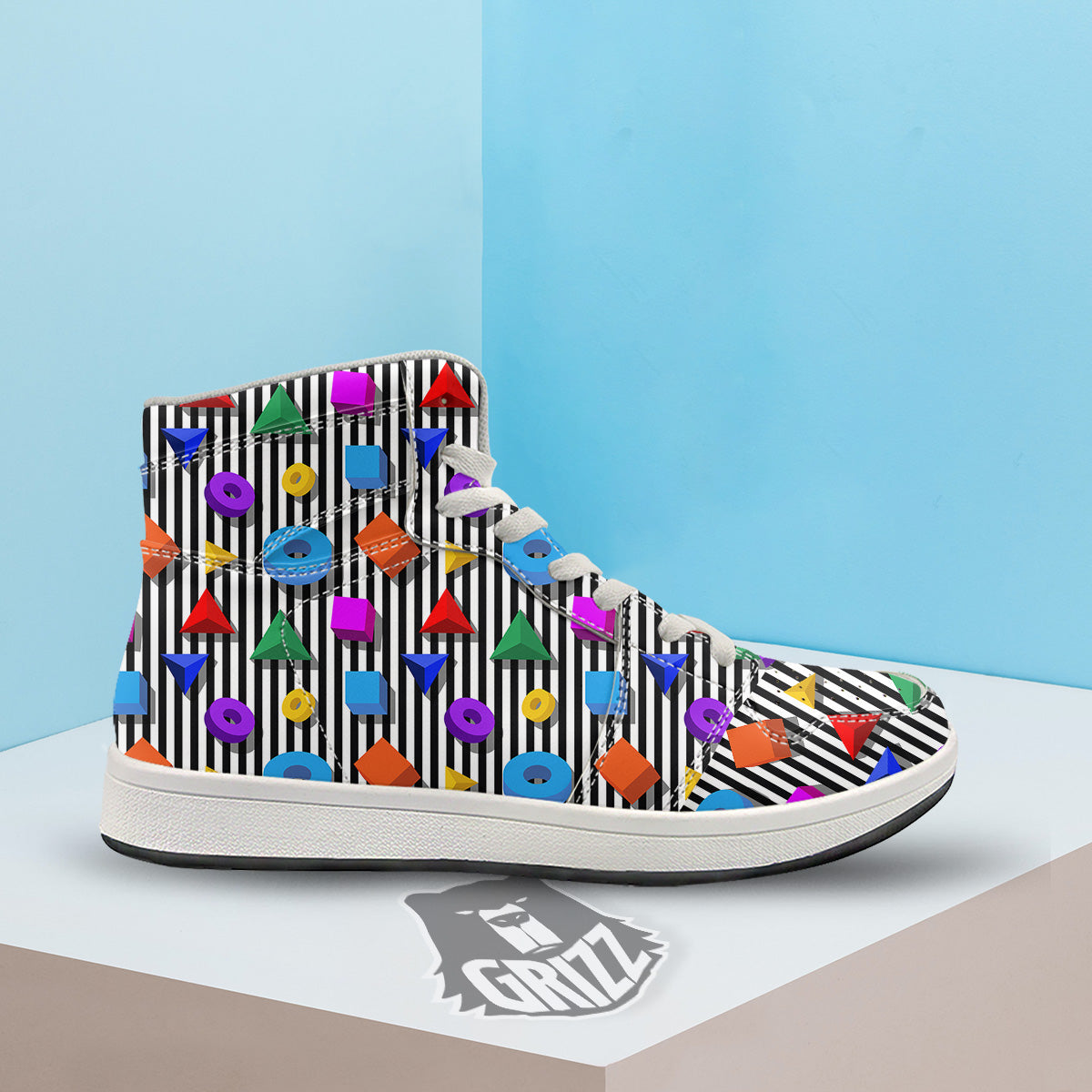 Geometric Colorful Striped Print Pattern High Top Sneakers-grizzshop