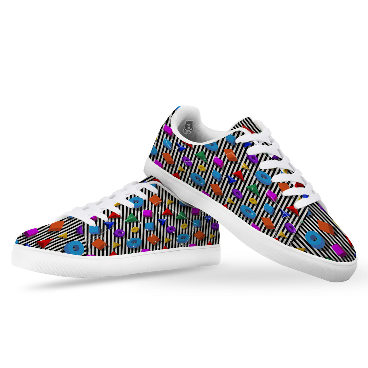 Geometric Colorful Striped Print Pattern White Low Top Sneakers-grizzshop