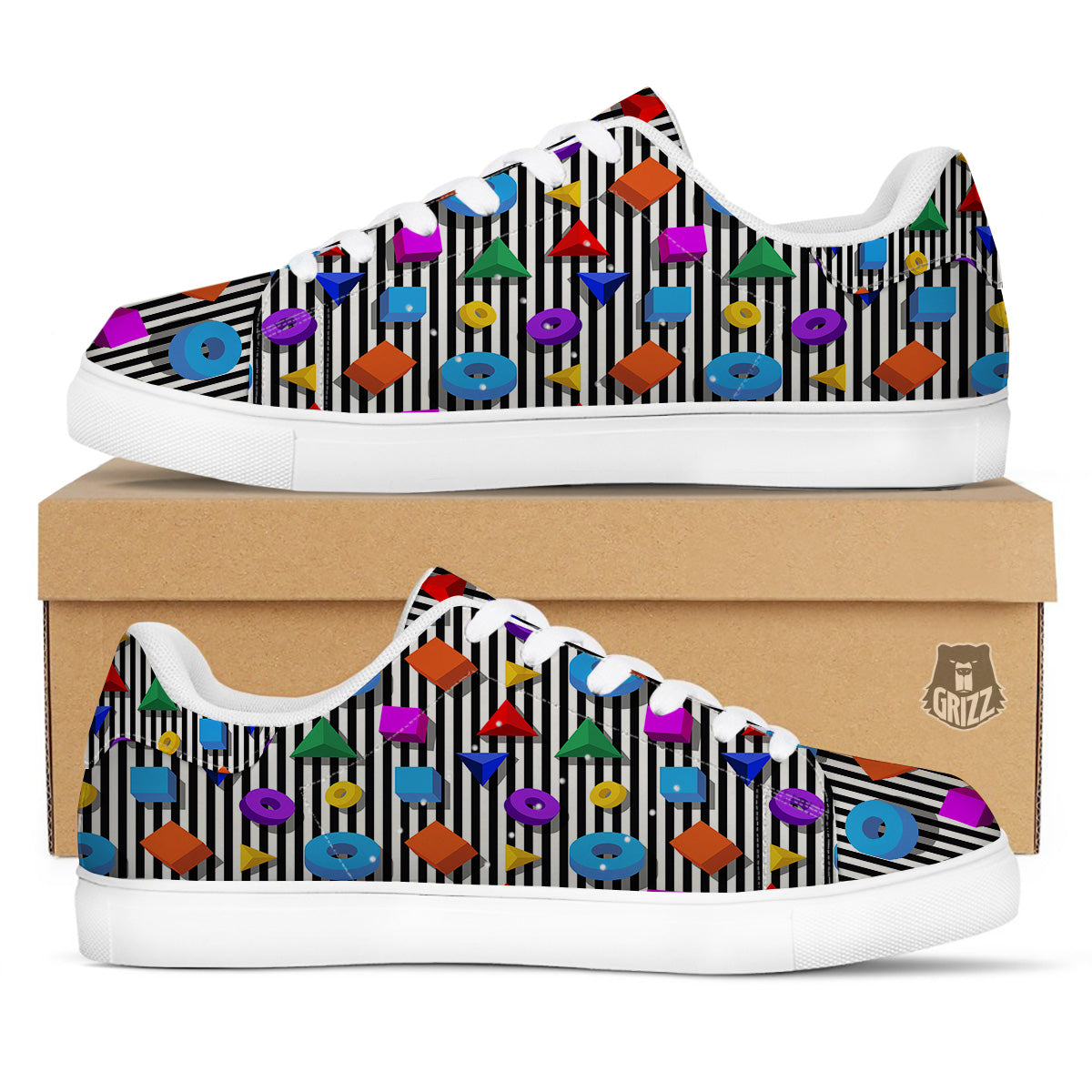 Geometric Colorful Striped Print Pattern White Low Top Sneakers-grizzshop