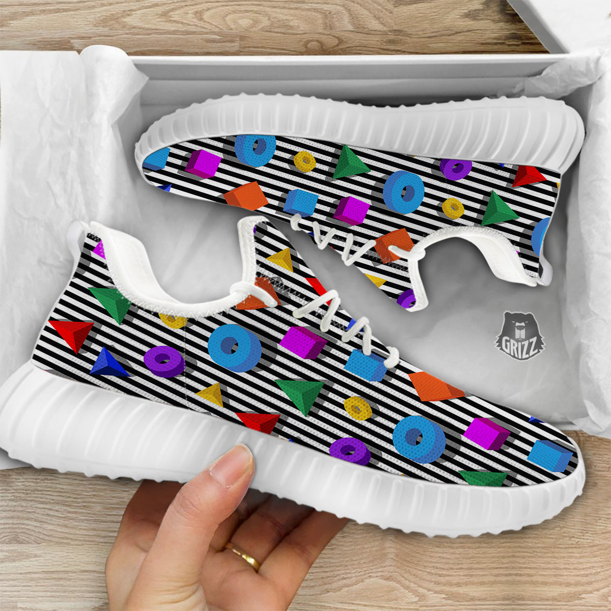Geometric Colorful Striped Print Pattern White Walking Shoes-grizzshop