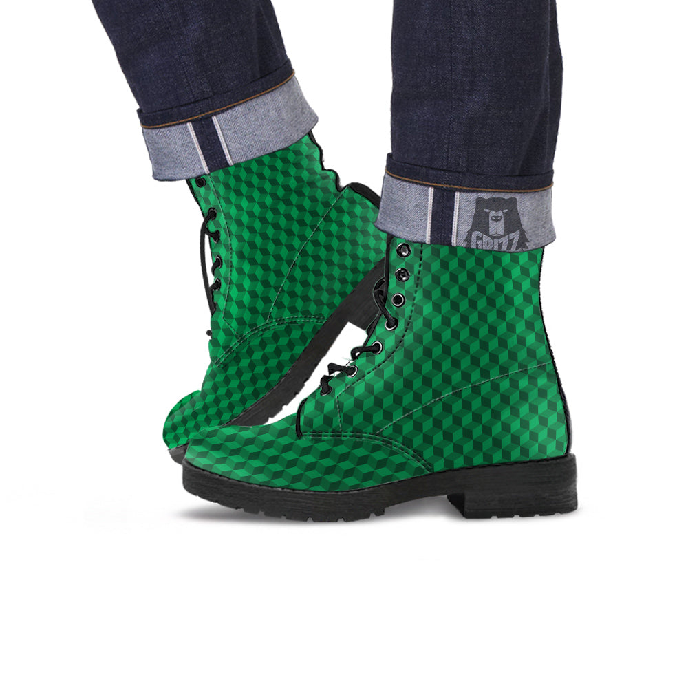 Geometric Cube Dark Green Print Pattern Leather Boots-grizzshop