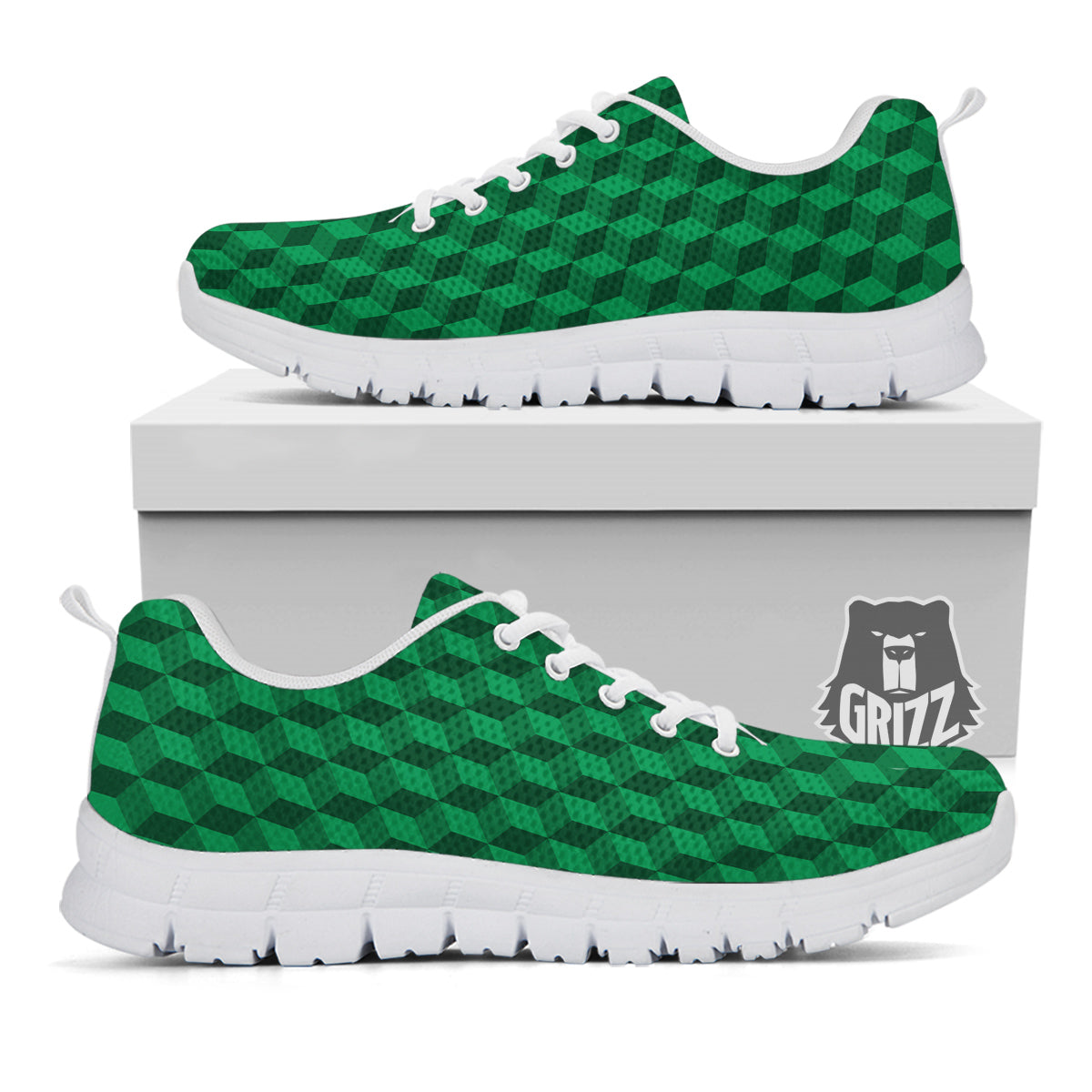 Geometric Cube Dark Green Print Pattern White Sneaker-grizzshop