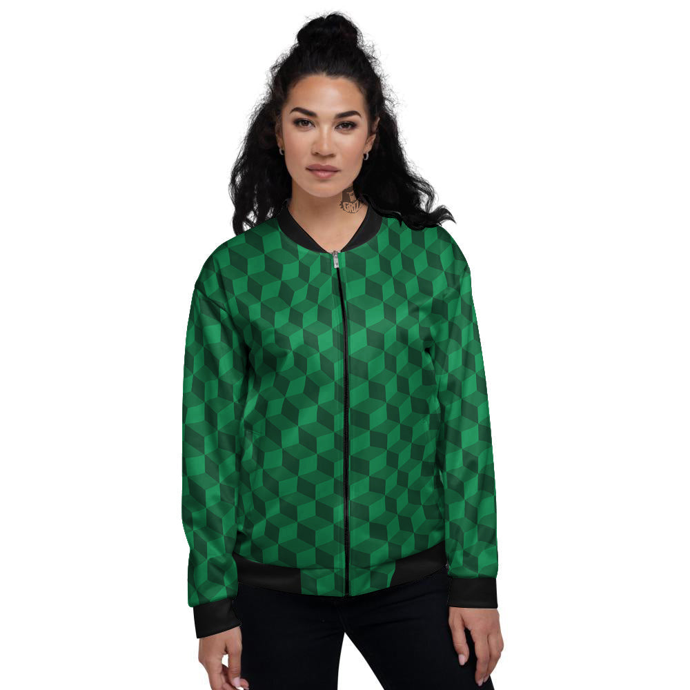 Geometric Cube Dark Green Print Pattern Women's Bomber Jacket-grizzshop