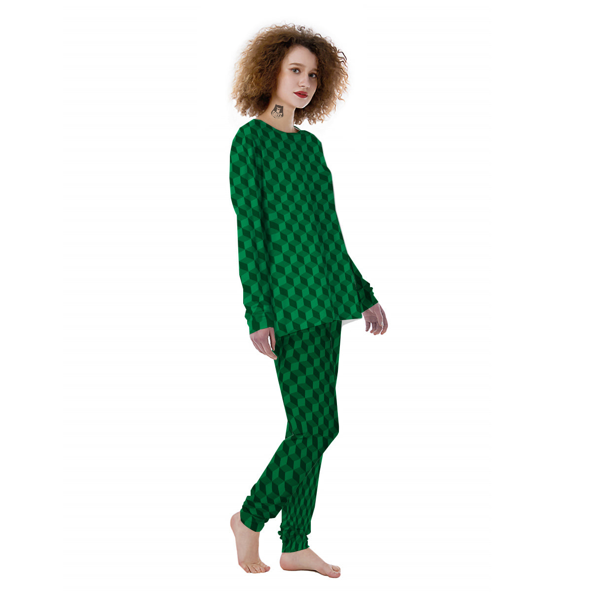 Geometric Cube Dark Green Print Pattern Women's Pajamas-grizzshop