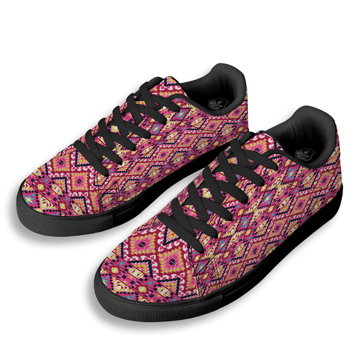 Geometric Ethnic Pink Aztec Print Pattern Black Low Top Sneakers-grizzshop