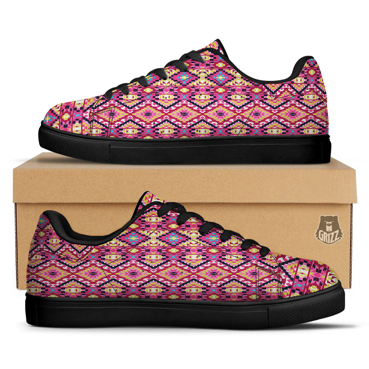 Geometric Ethnic Pink Aztec Print Pattern Black Low Top Sneakers-grizzshop