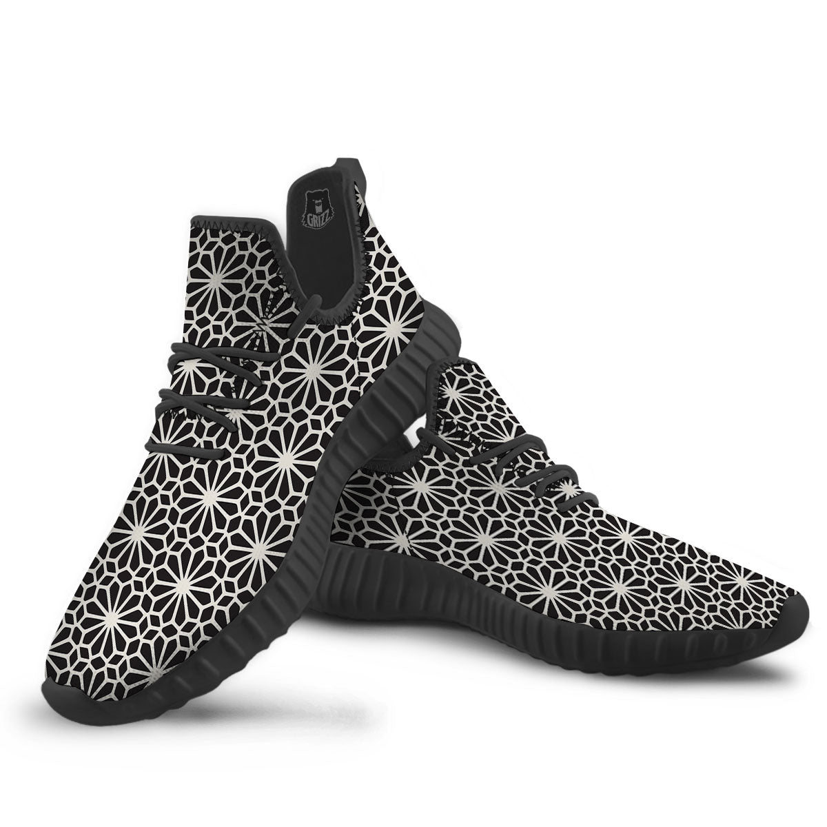 Geometric Floral White And Black Print Black Walking Shoes-grizzshop
