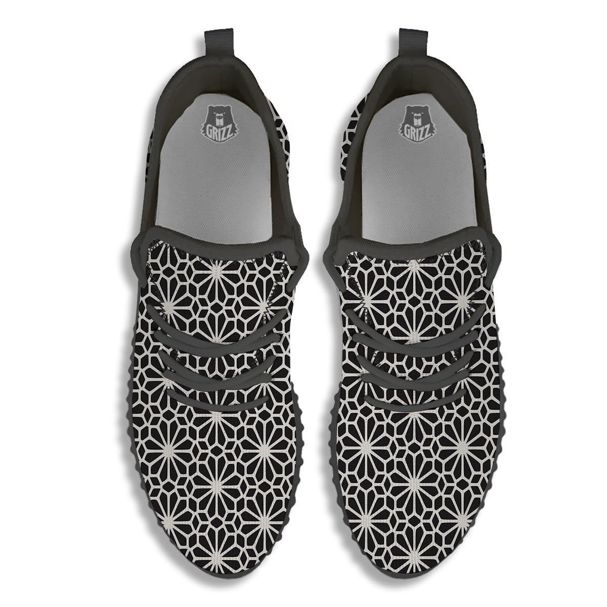 Geometric Floral White And Black Print Black Walking Shoes-grizzshop