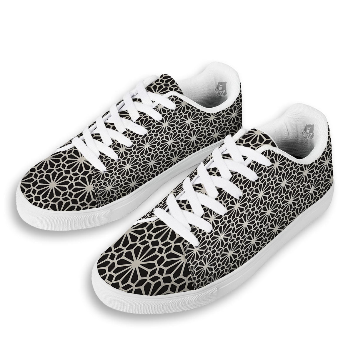 Geometric Floral White And Black Print White Low Top Sneakers-grizzshop